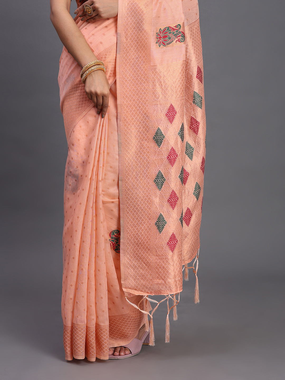 Peach Cotton Linen Woven Zari Jacquard Saree with Rich Pallu & Intricate Tassel Finish