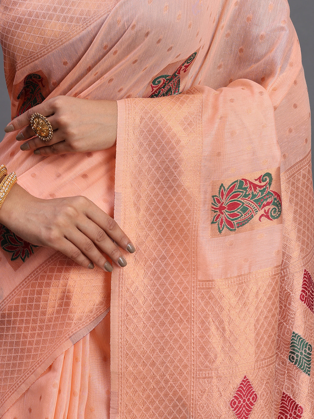 Peach Cotton Linen Woven Zari Jacquard Saree with Rich Pallu & Intricate Tassel Finish