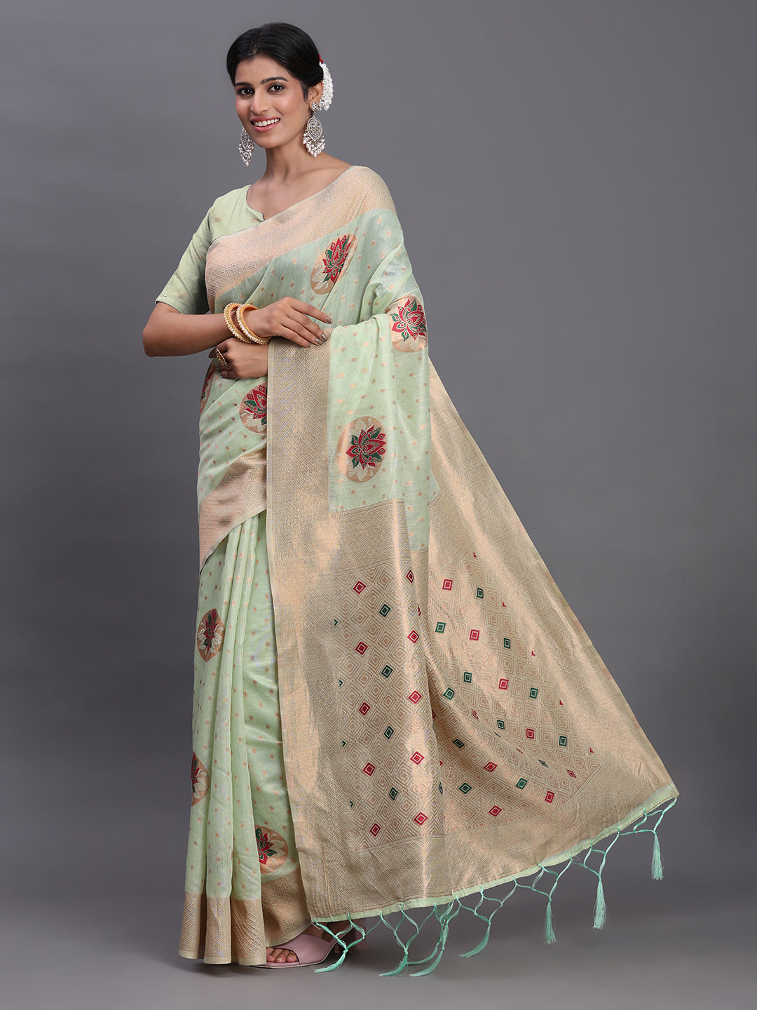 LIght green Cotton Linen Woven Zari Jacquard Saree with Rich Pallu & Intricate Tassel Finish