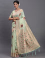 LIght green Cotton Linen Woven Zari Jacquard Saree with Rich Pallu & Intricate Tassel Finish