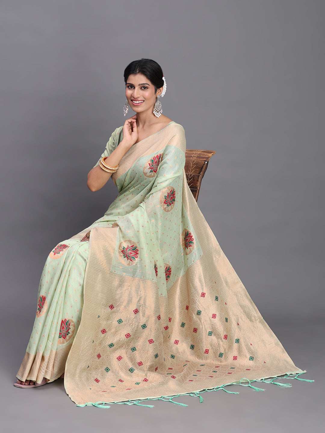 LIght green Cotton Linen Woven Zari Jacquard Saree with Rich Pallu & Intricate Tassel Finish