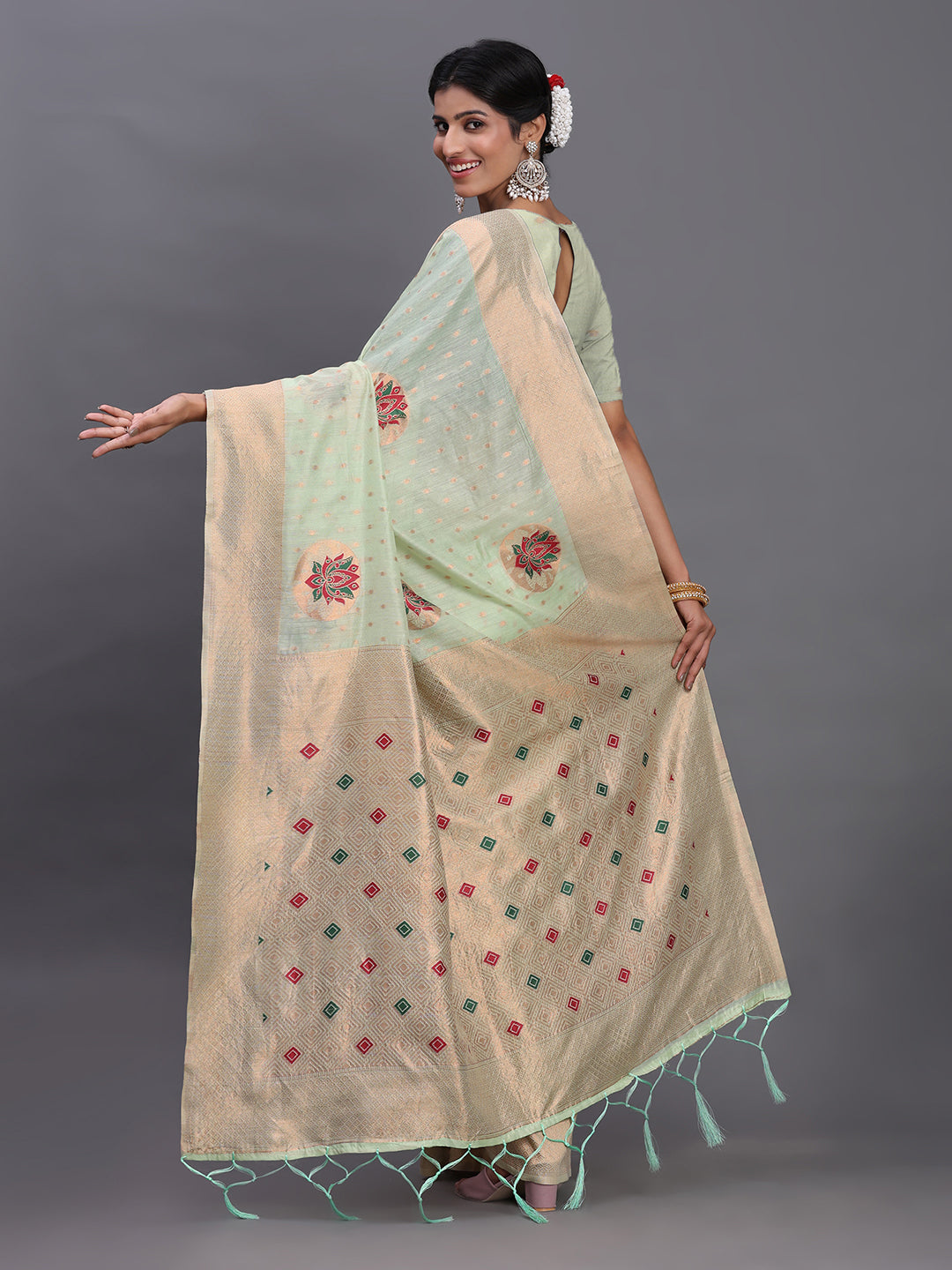 LIght green Cotton Linen Woven Zari Jacquard Saree with Rich Pallu & Intricate Tassel Finish