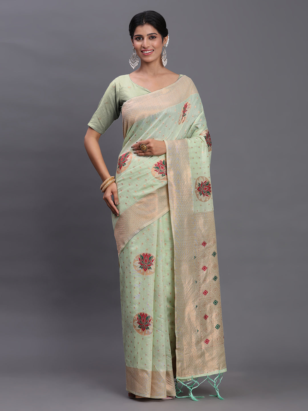 LIght green Cotton Linen Woven Zari Jacquard Saree with Rich Pallu & Intricate Tassel Finish