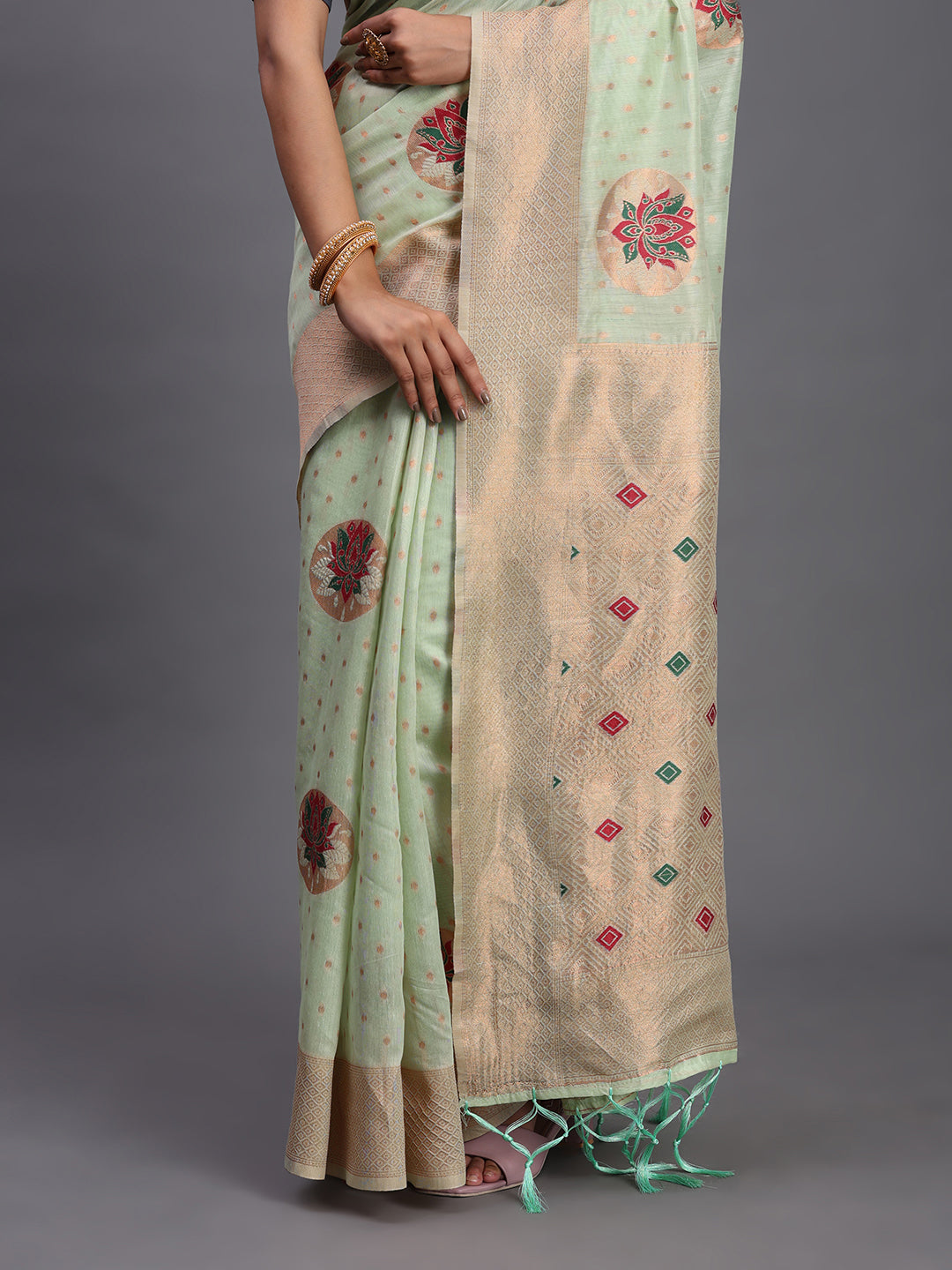 LIght green Cotton Linen Woven Zari Jacquard Saree with Rich Pallu & Intricate Tassel Finish