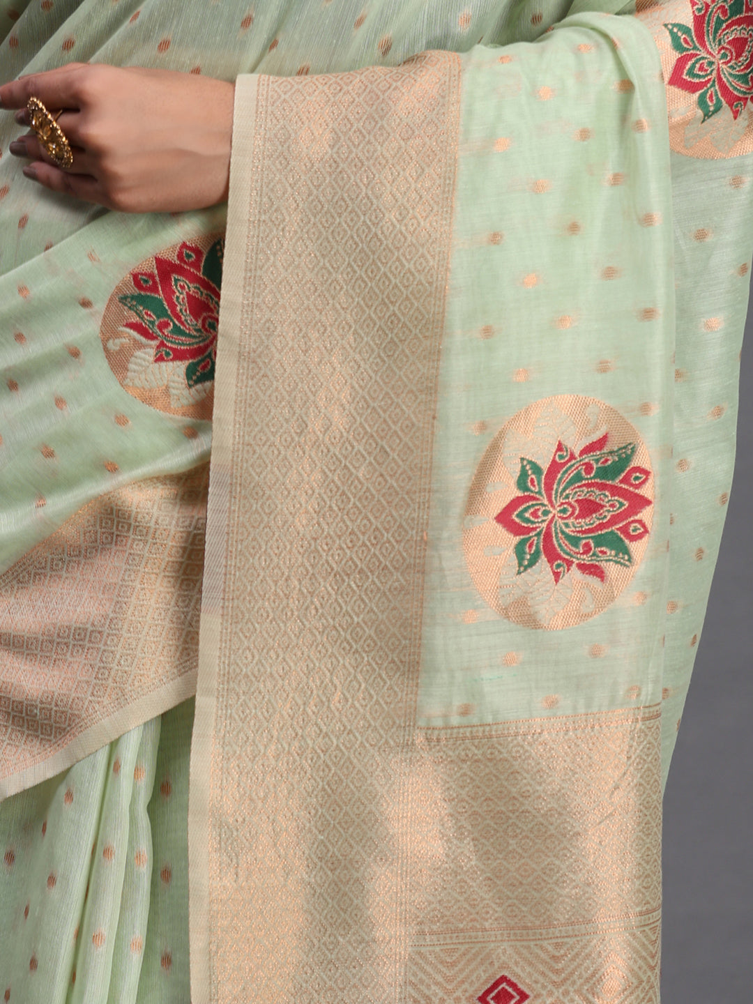 LIght green Cotton Linen Woven Zari Jacquard Saree with Rich Pallu & Intricate Tassel Finish
