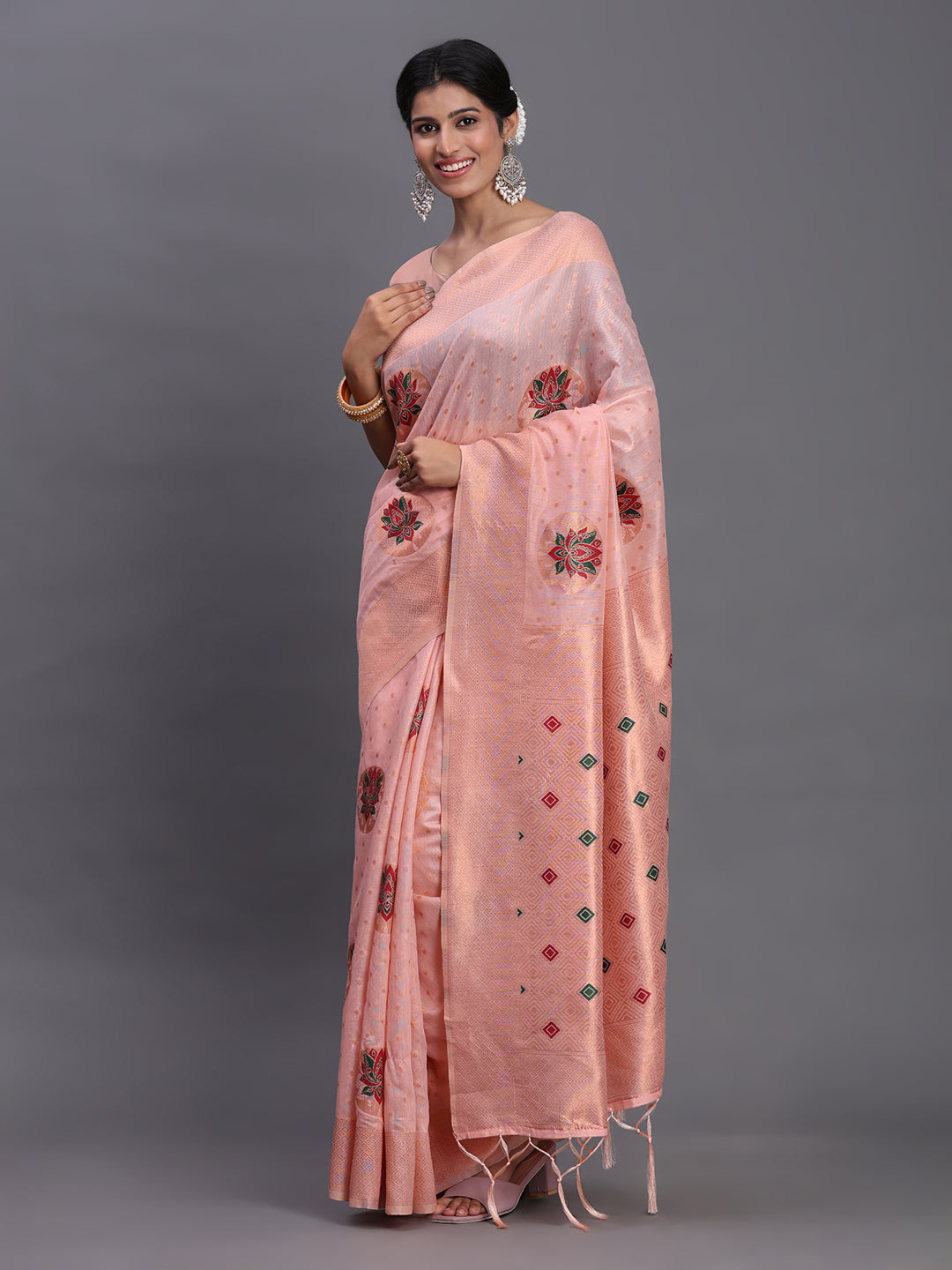 LIght pink Cotton Linen Woven Zari Jacquard Saree with Rich Pallu & Intricate Tassel Finish