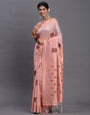 LIght pink Cotton Linen Woven Zari Jacquard Saree with Rich Pallu & Intricate Tassel Finish