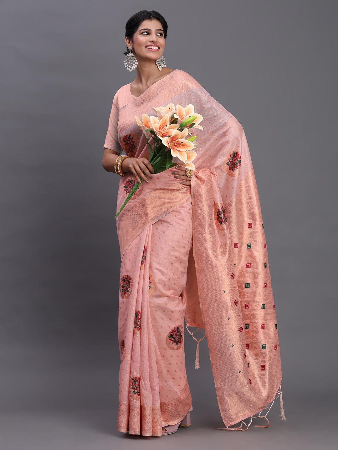LIght pink Cotton Linen Woven Zari Jacquard Saree with Rich Pallu & Intricate Tassel Finish