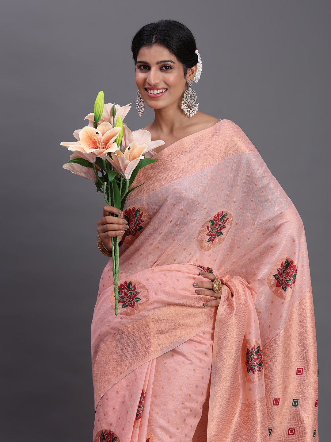 LIght pink Cotton Linen Woven Zari Jacquard Saree with Rich Pallu & Intricate Tassel Finish
