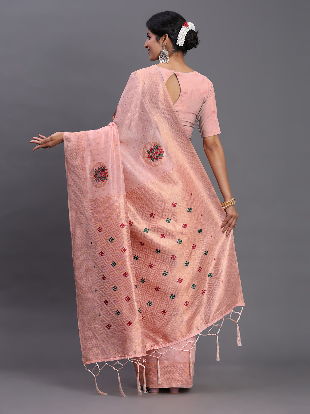 LIght pink Cotton Linen Woven Zari Jacquard Saree with Rich Pallu & Intricate Tassel Finish