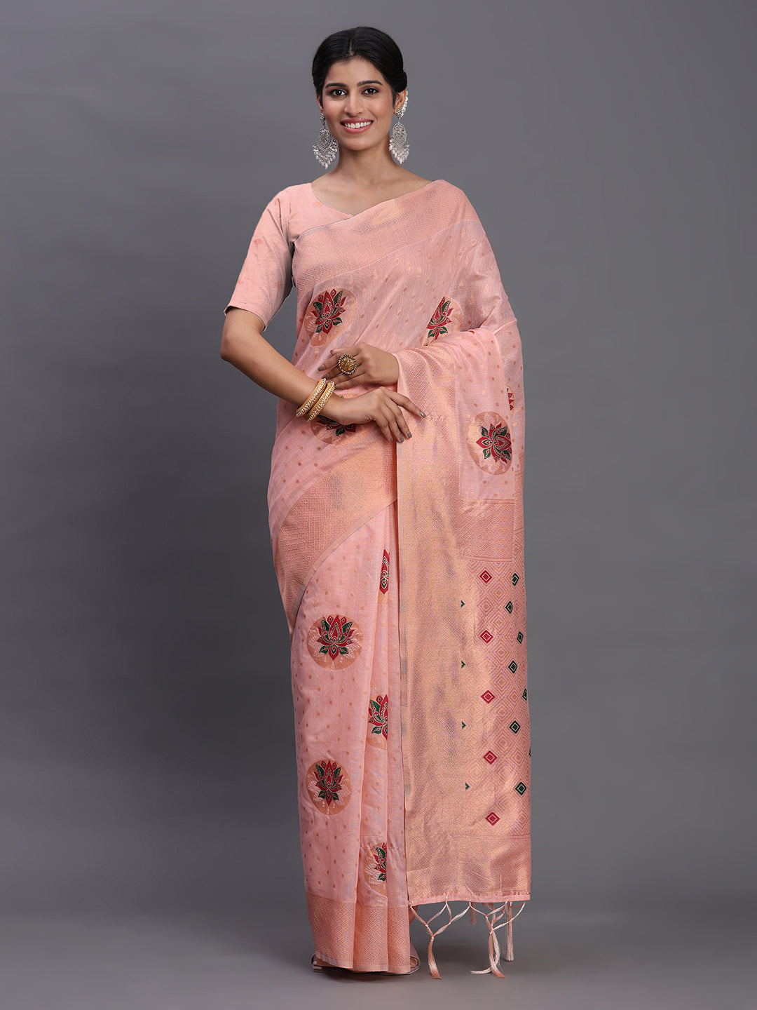 LIght pink Cotton Linen Woven Zari Jacquard Saree with Rich Pallu & Intricate Tassel Finish