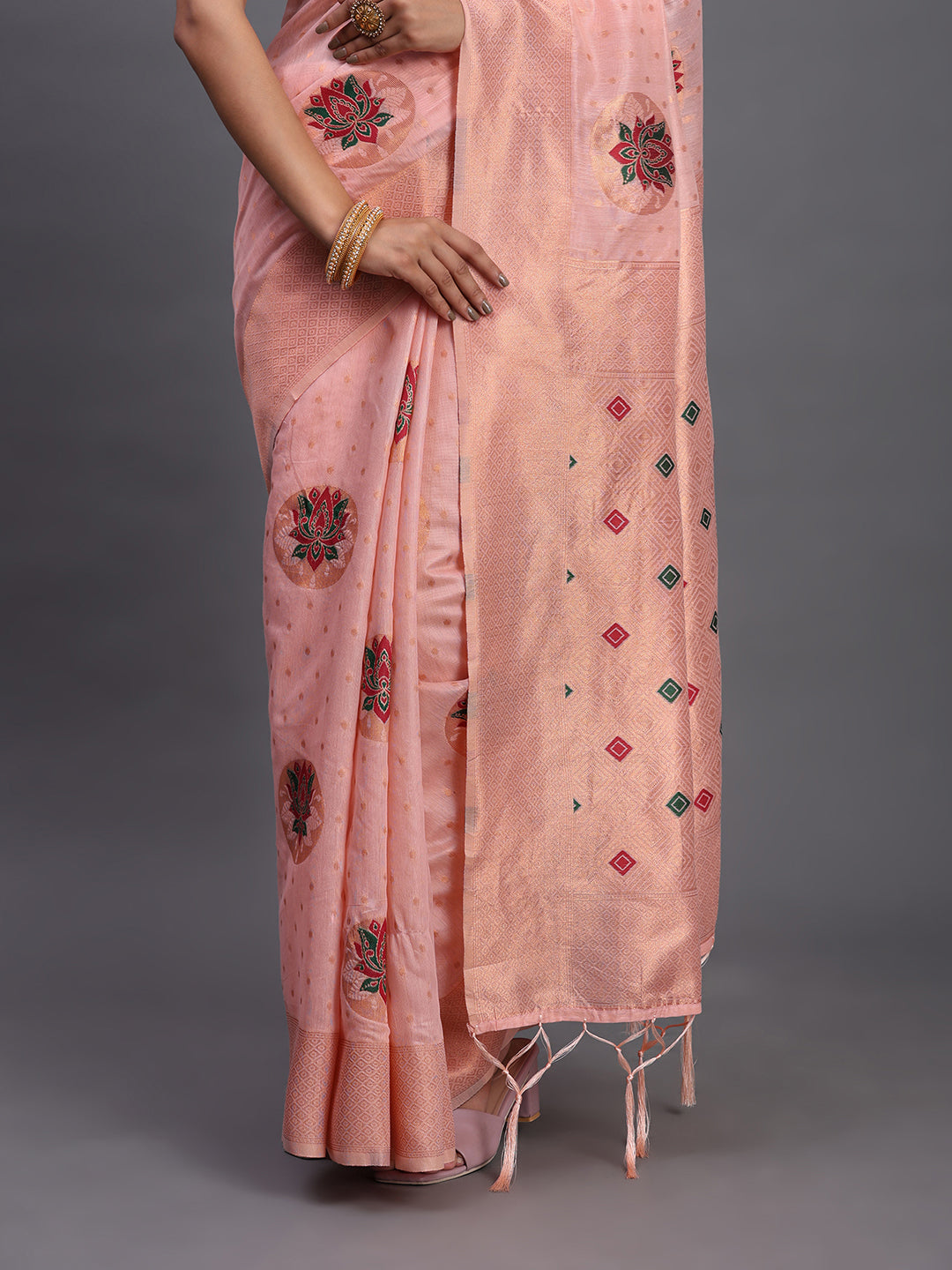 LIght pink Cotton Linen Woven Zari Jacquard Saree with Rich Pallu & Intricate Tassel Finish