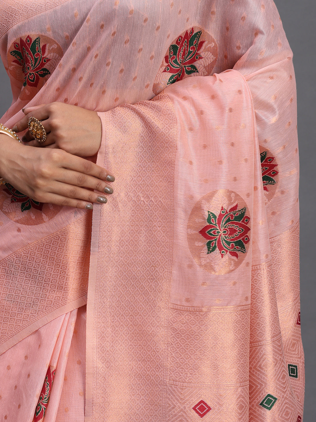 LIght pink Cotton Linen Woven Zari Jacquard Saree with Rich Pallu & Intricate Tassel Finish
