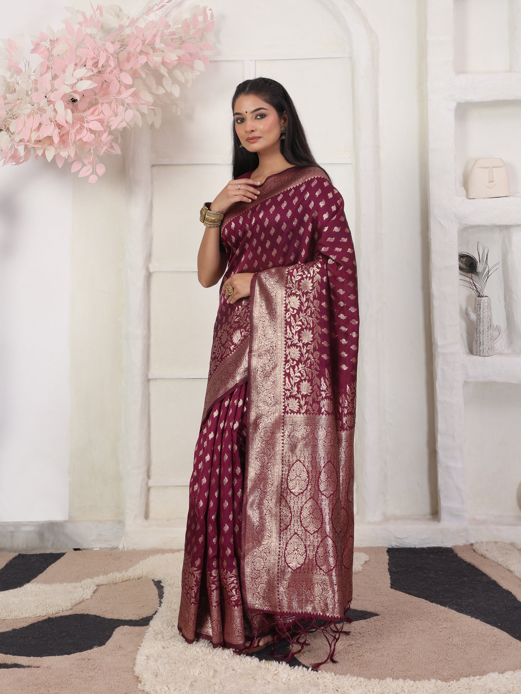 Woven Jacquard Silk Blend Saree with Rich Zari Border & Designer Pallu-wine