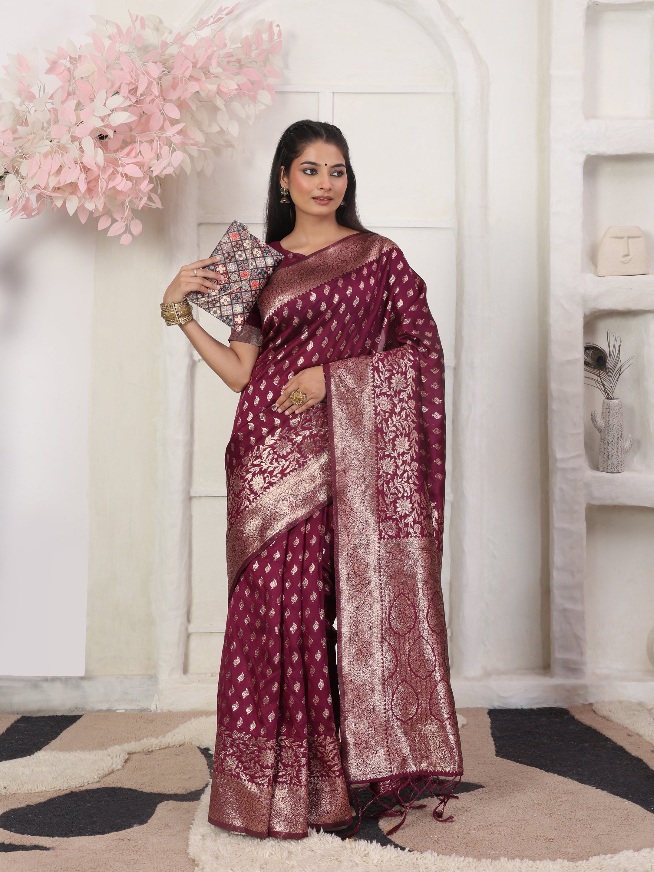 Woven Jacquard Silk Blend Saree with Rich Zari Border & Designer Pallu-wine