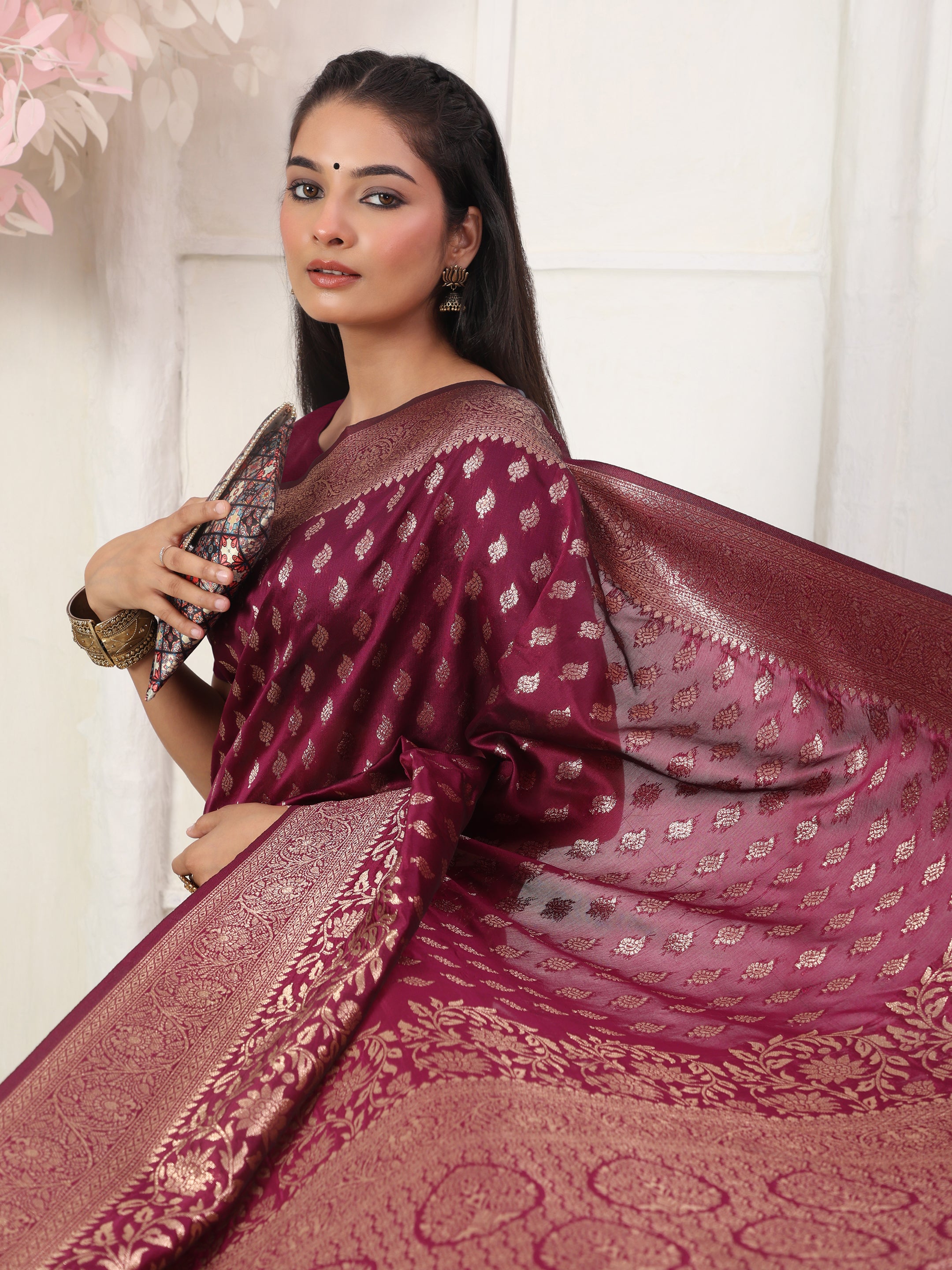 Woven Jacquard Silk Blend Saree with Rich Zari Border & Designer Pallu-wine