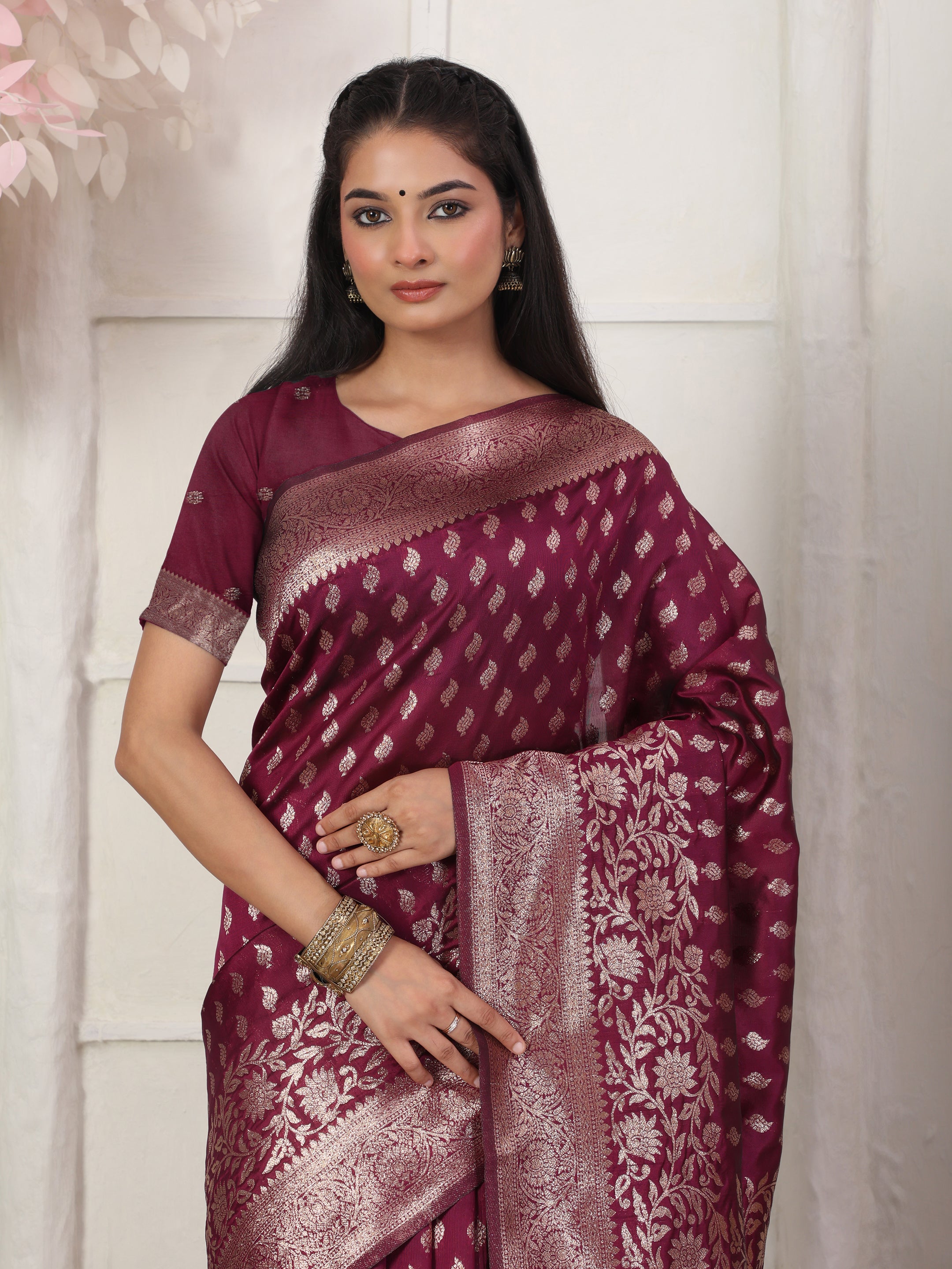 Woven Jacquard Silk Blend Saree with Rich Zari Border & Designer Pallu-wine