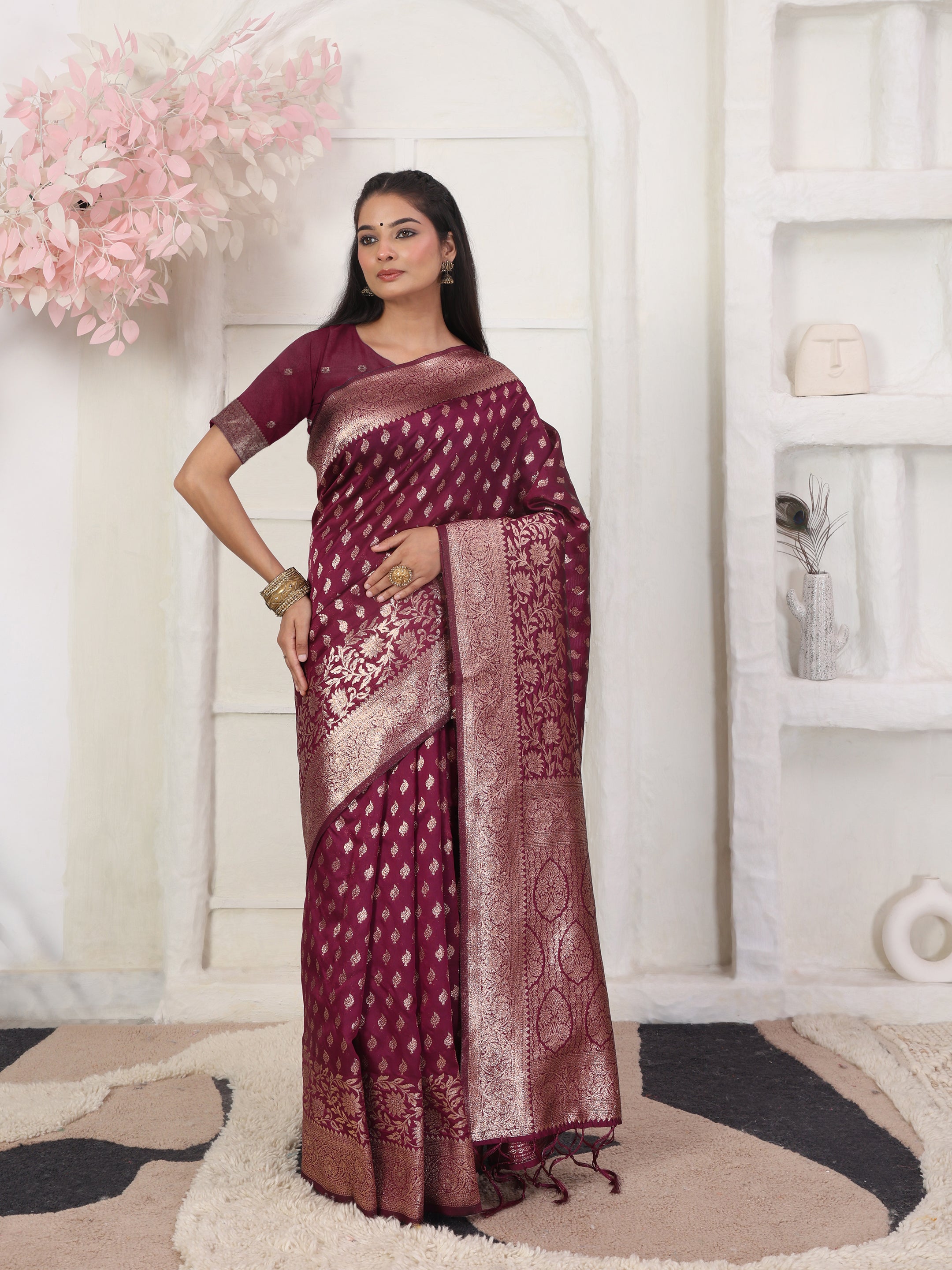 Woven Jacquard Silk Blend Saree with Rich Zari Border & Designer Pallu-wine