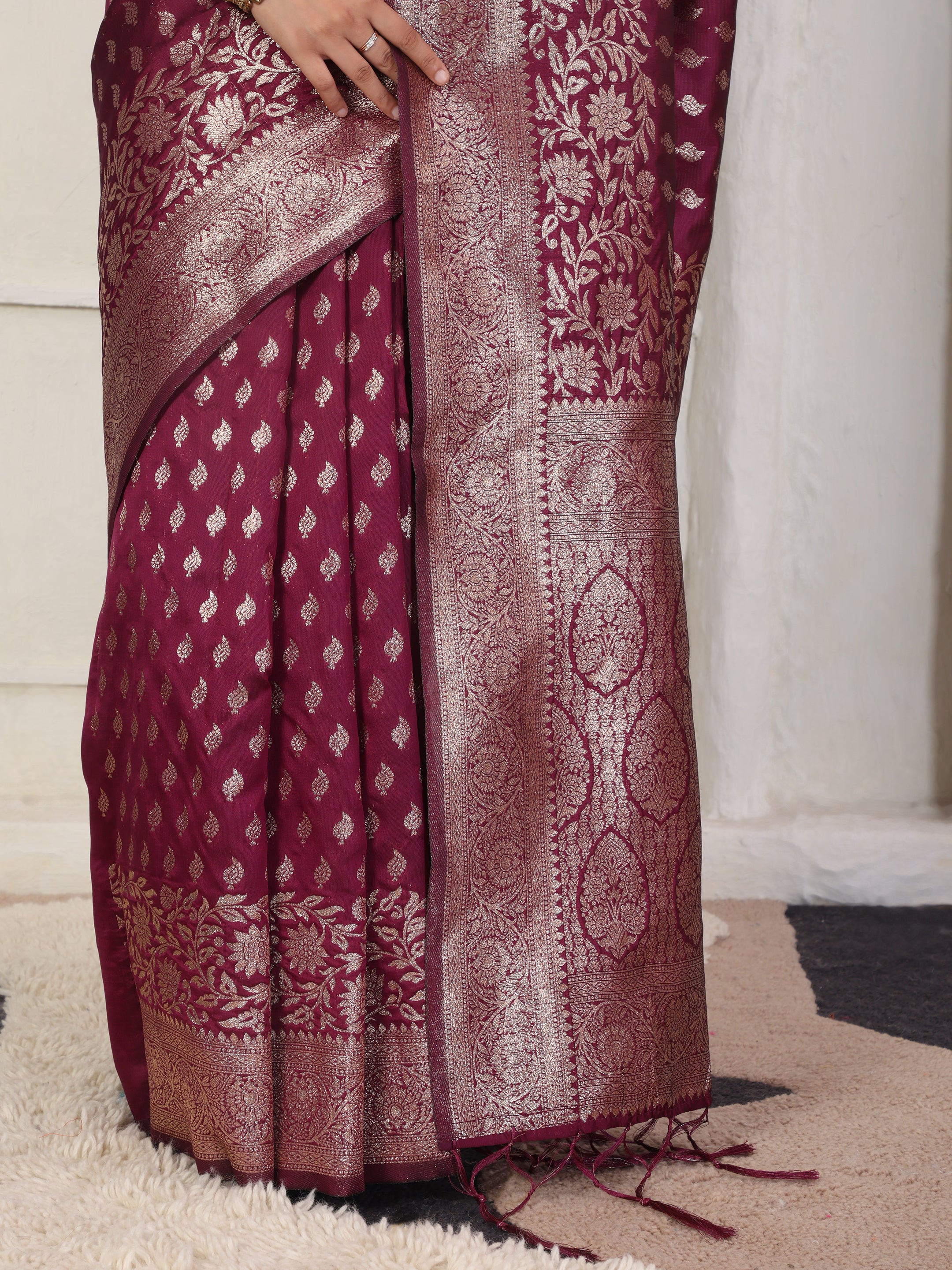 Woven Jacquard Silk Blend Saree with Rich Zari Border & Designer Pallu-wine