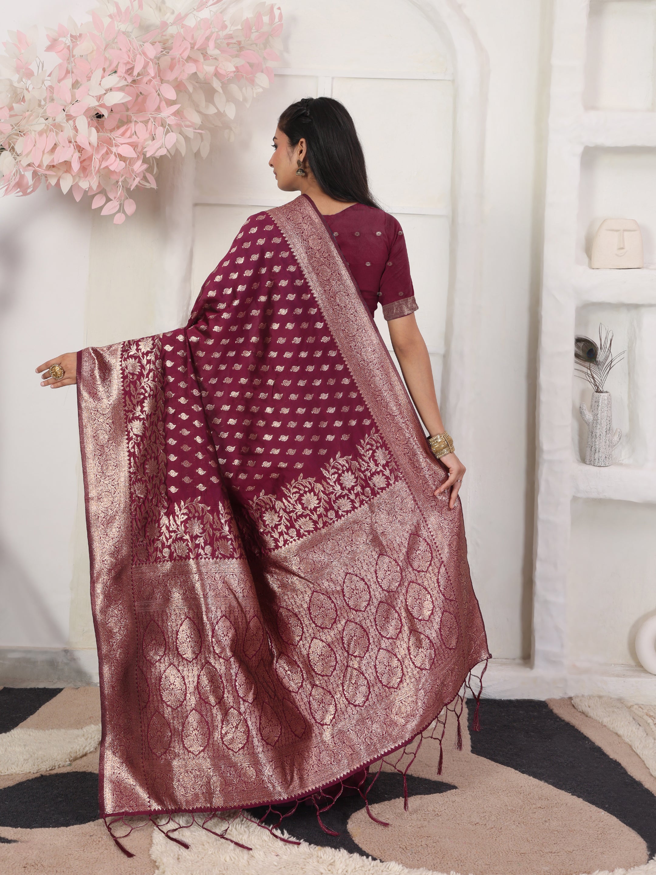 Woven Jacquard Silk Blend Saree with Rich Zari Border & Designer Pallu-wine