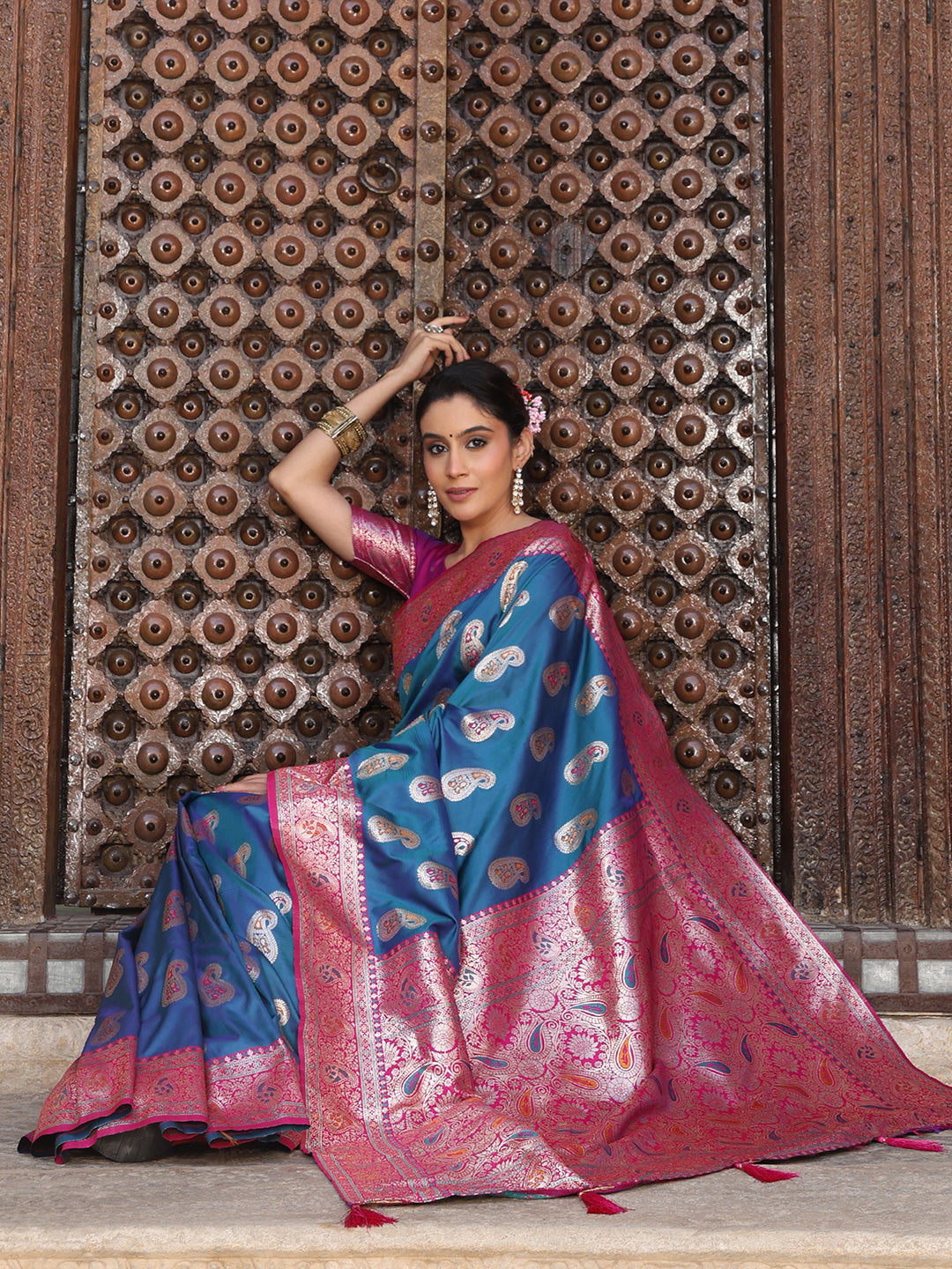 Royalblue woven kanjivaram soft silk saree with blouse piece