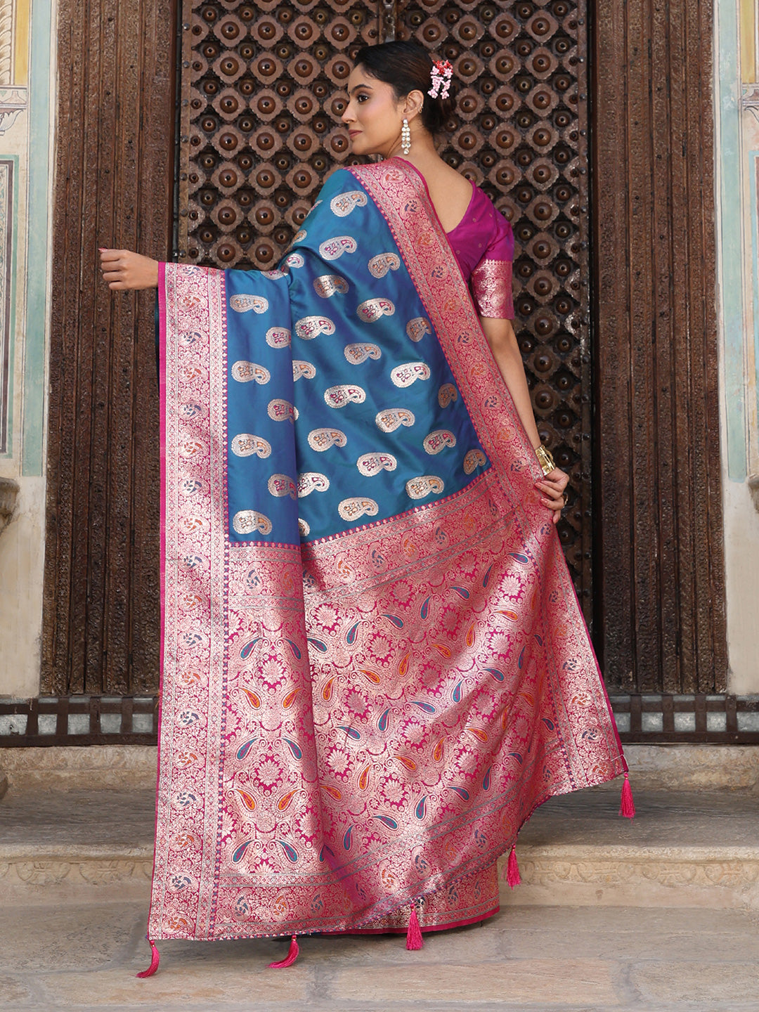 Royalblue woven kanjivaram soft silk saree with blouse piece