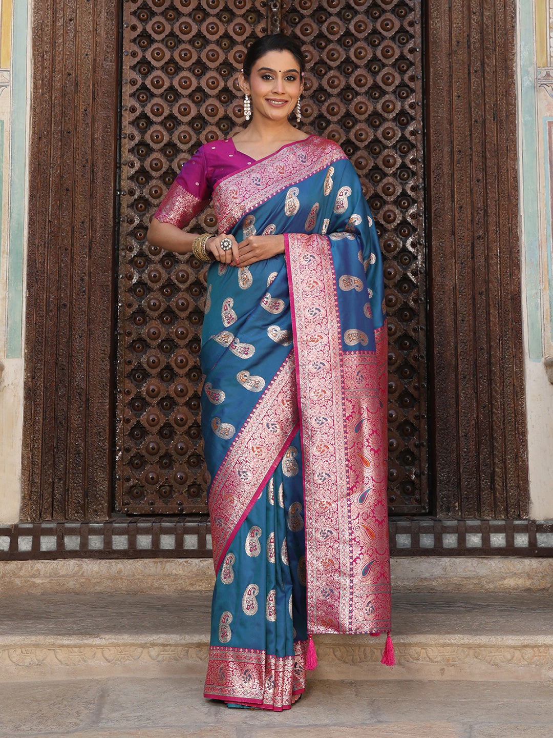 Royalblue woven kanjivaram soft silk saree with blouse piece