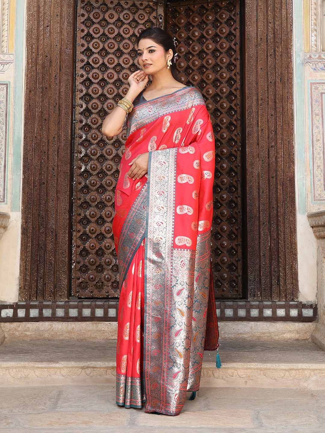Red woven kanjivaram soft silk saree with blouse piece