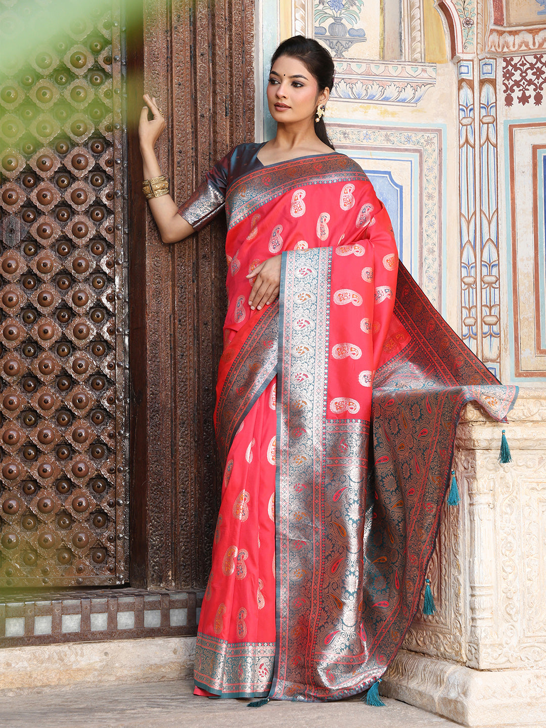 Red woven kanjivaram soft silk saree with blouse piece