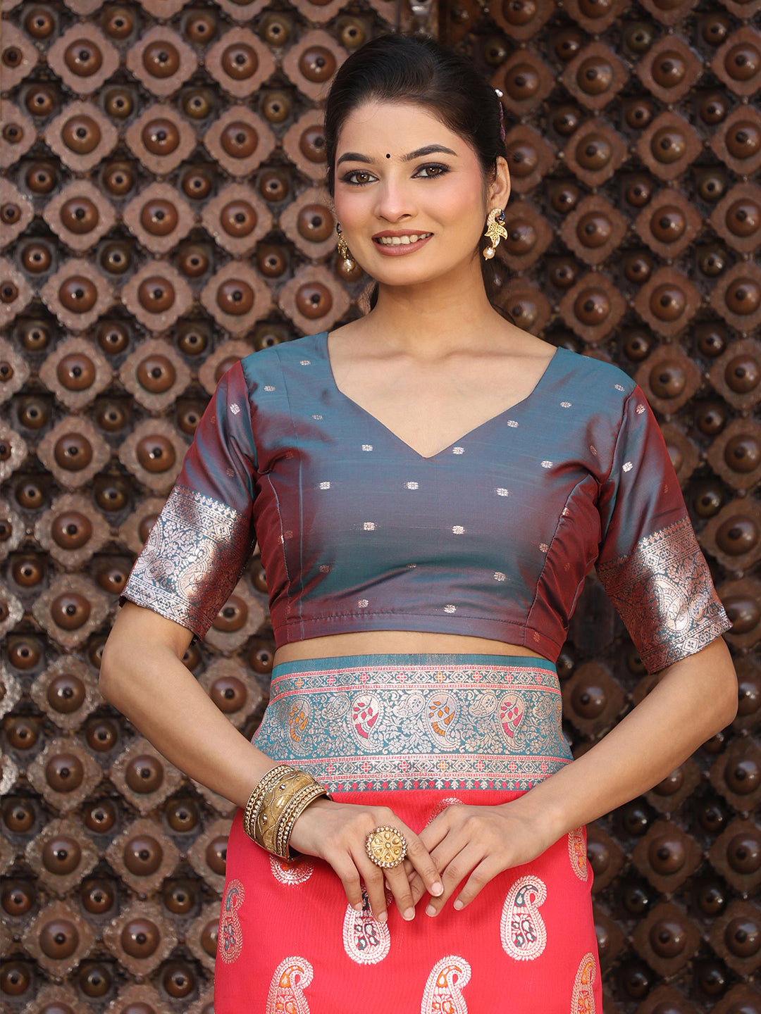 Red woven kanjivaram soft silk saree with blouse piece