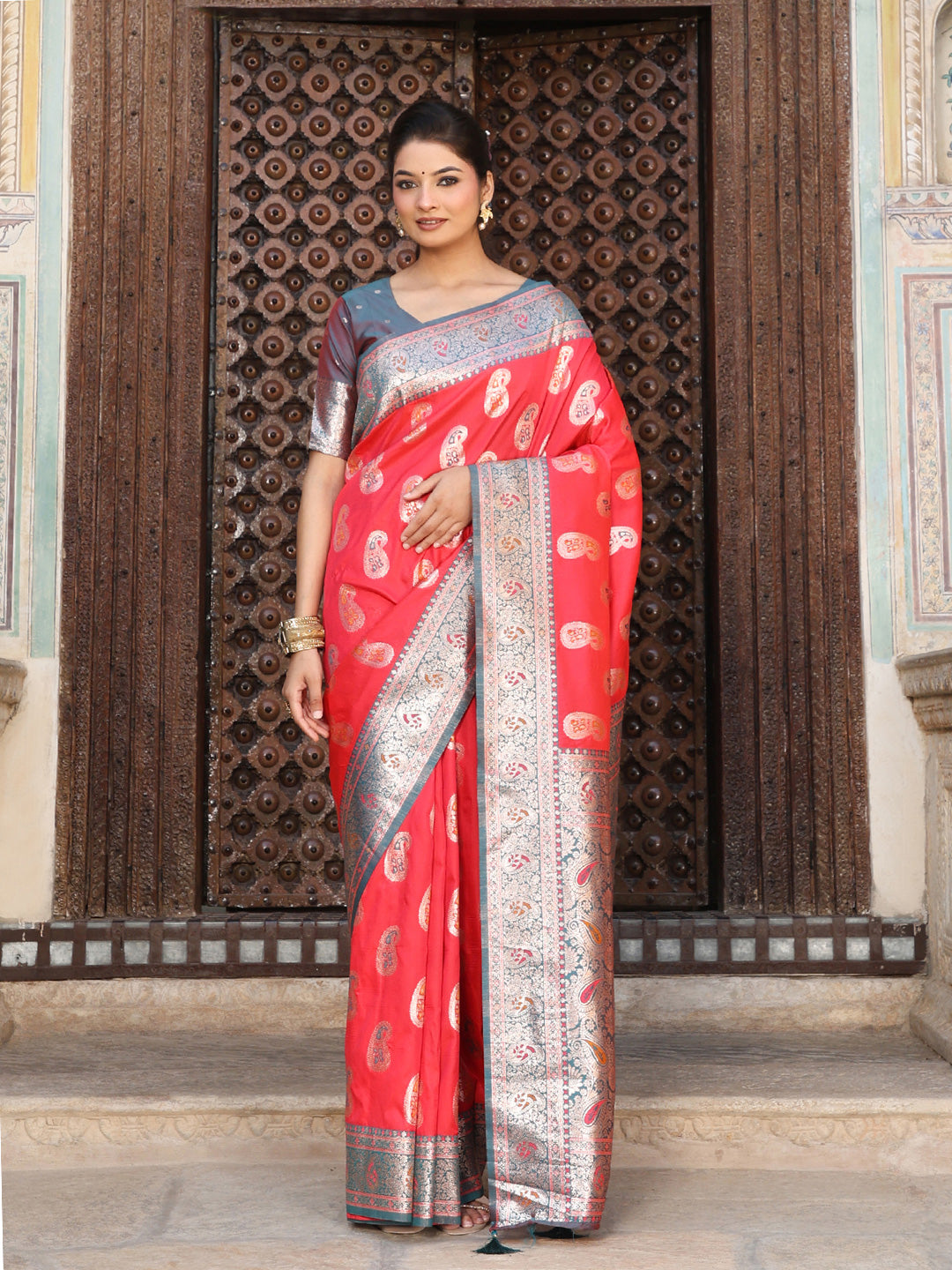 Red woven kanjivaram soft silk saree with blouse piece