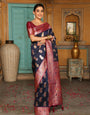Navyblue woven kanjivaram soft silk saree with blouse piece