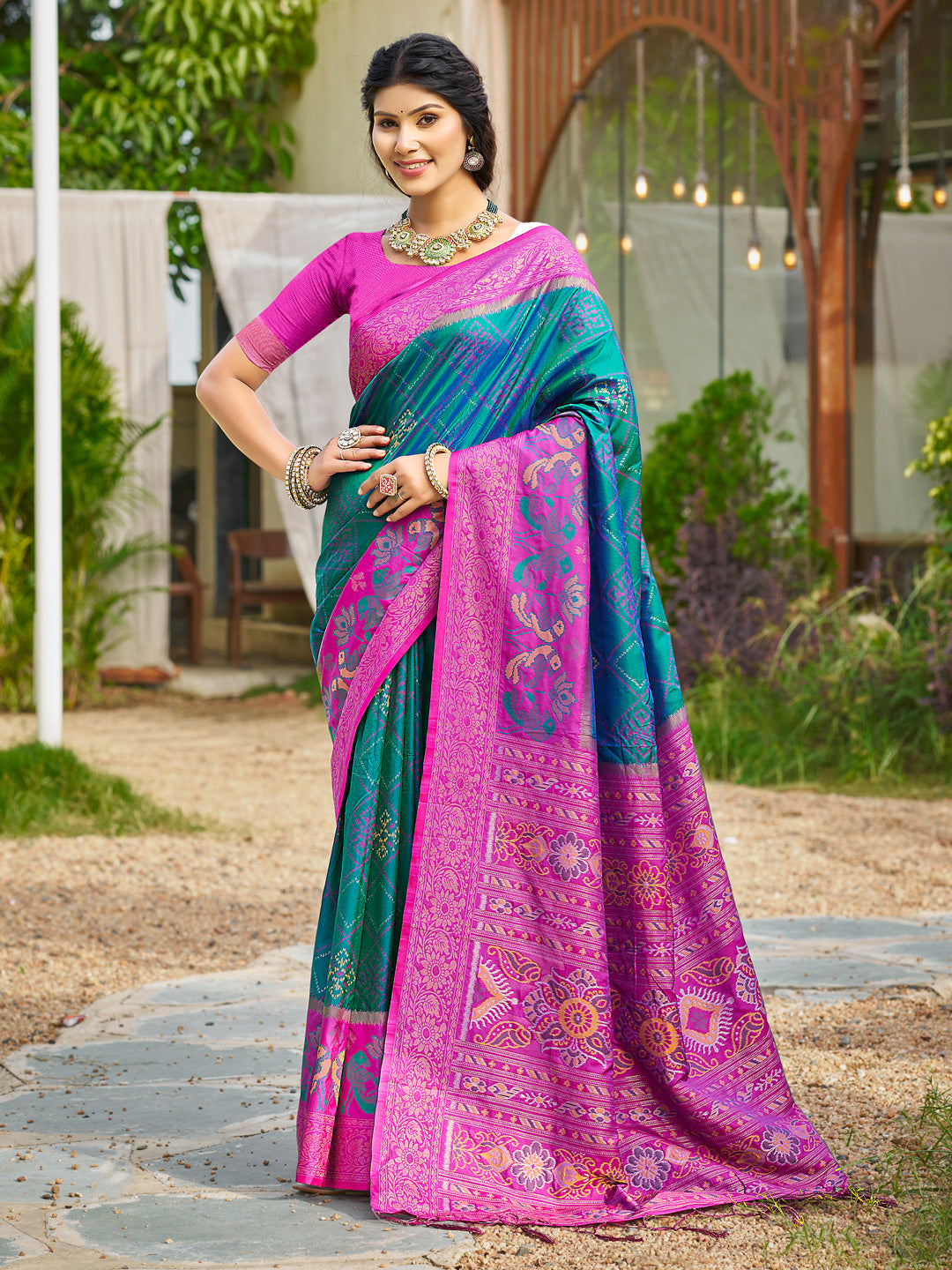 Seagreen woven ikkat style banarasi soft silk saree with blouse piece vol-4