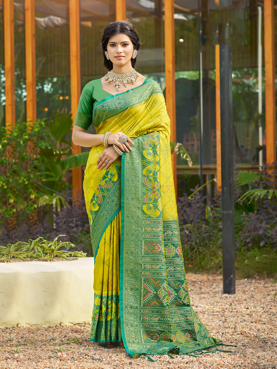 Mustard woven ikkat style banarasi soft silk saree with blouse piece vol-4