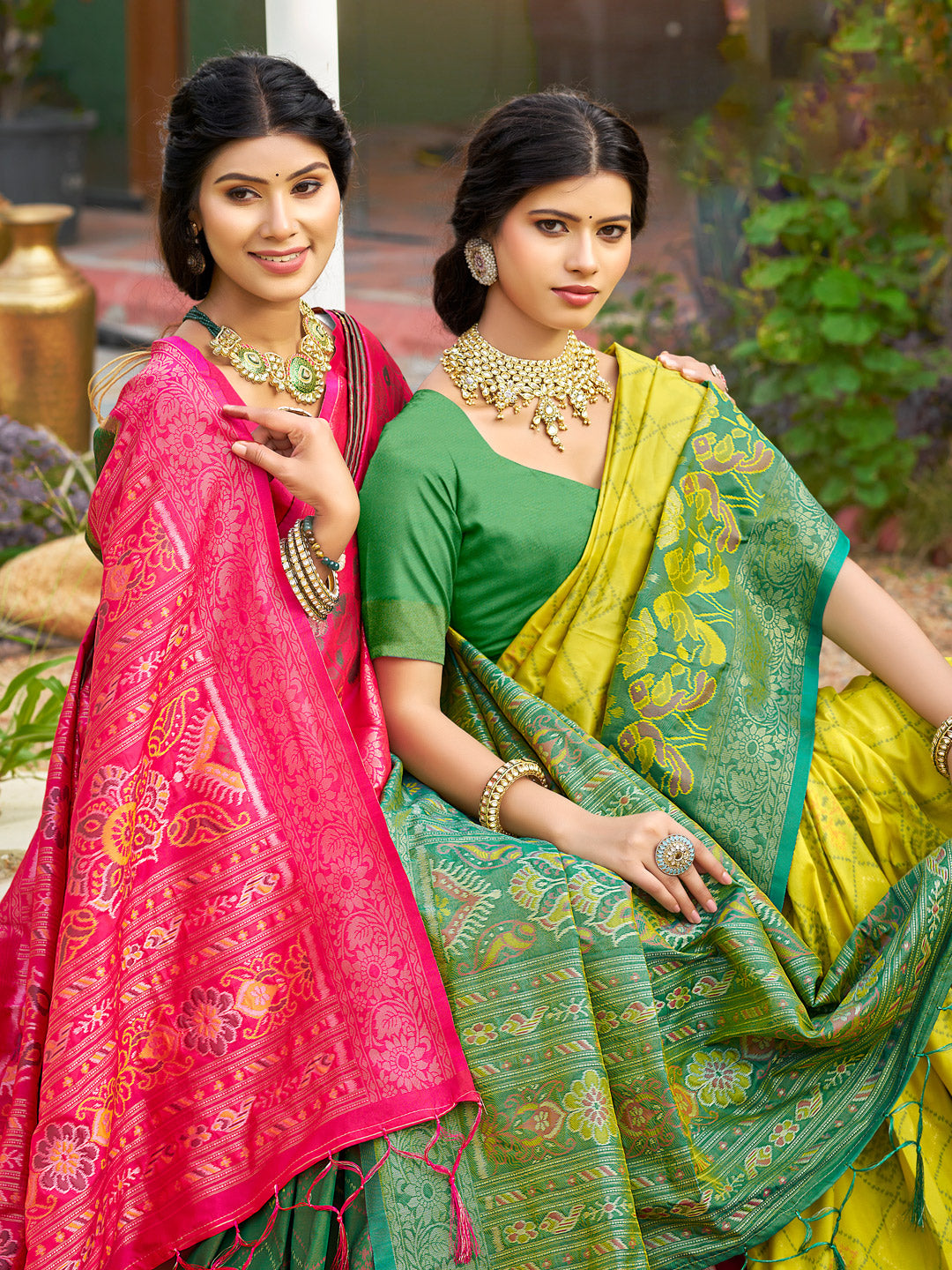 Mehndi woven ikkat style banarasi soft silk saree with blouse piece vol-4