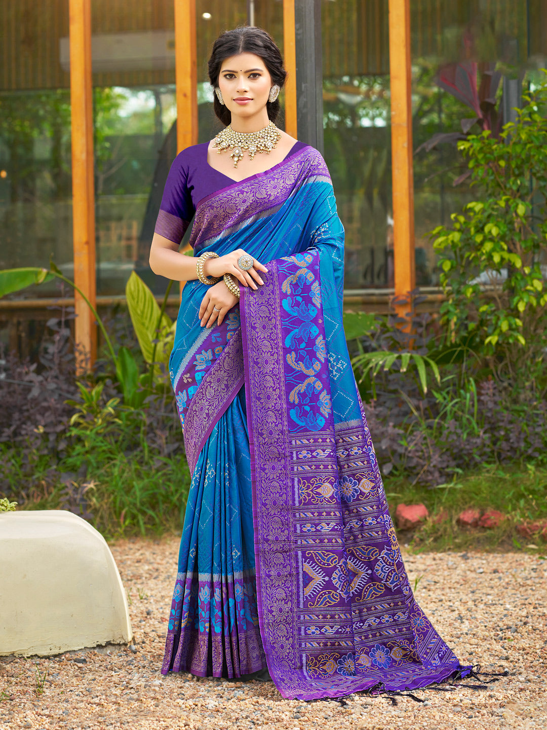 Blue woven ikkat style banarasi soft silk saree with blouse piece vol-4