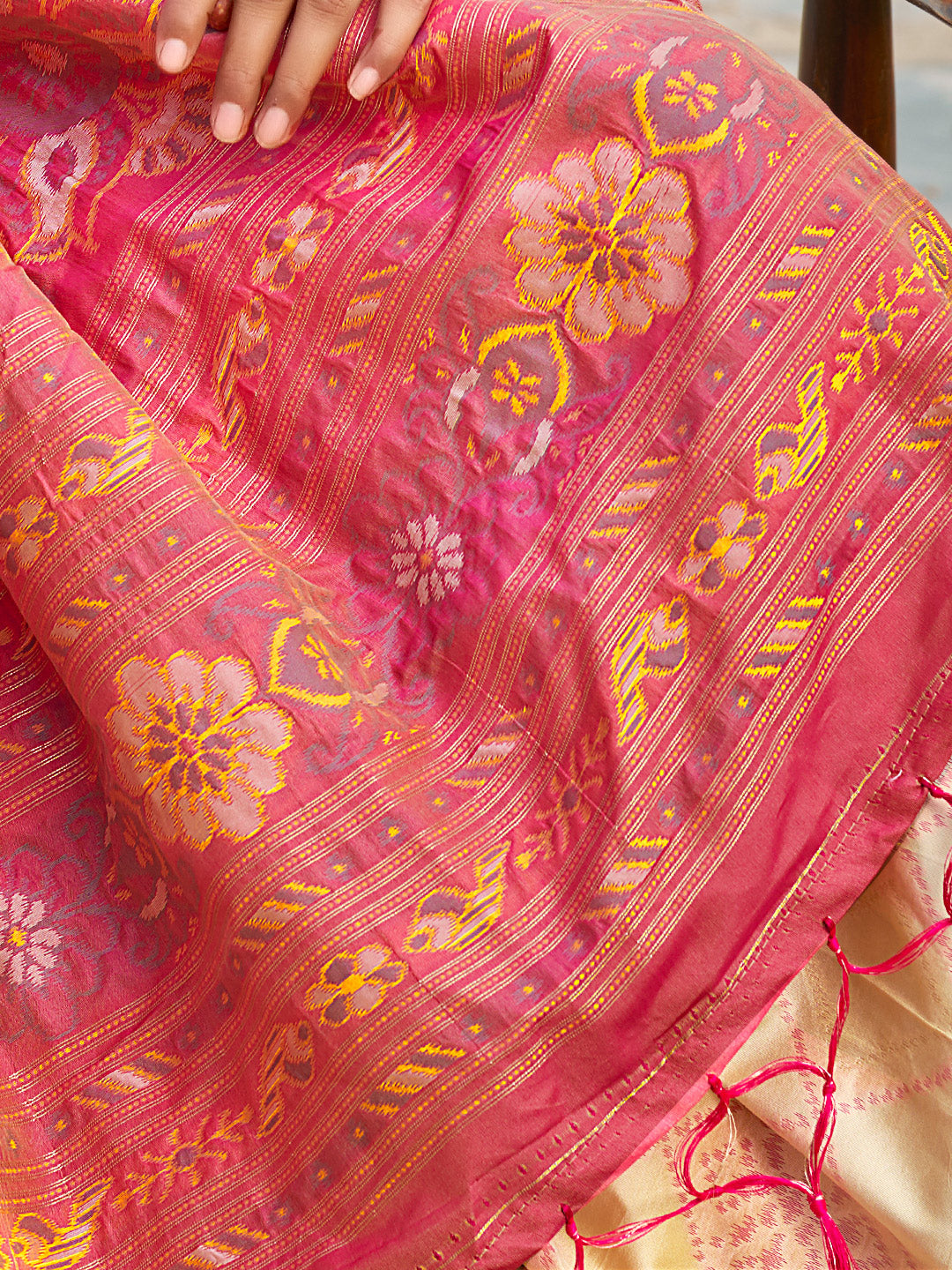 Cream woven ikkat style banarasi soft silk saree with blouse piece vol-4