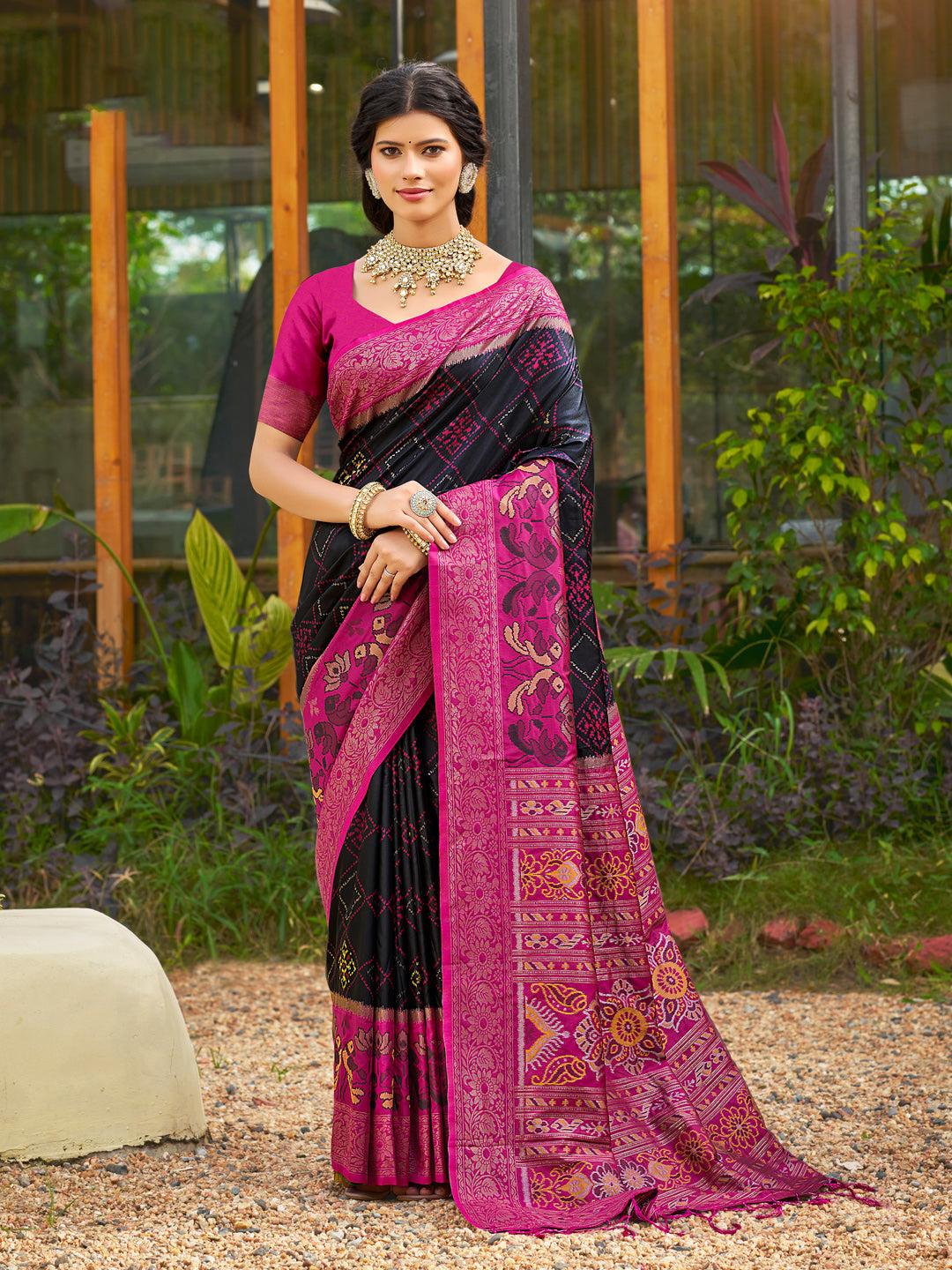 Navy woven ikkat style banarasi soft silk saree with blouse piece vol-4