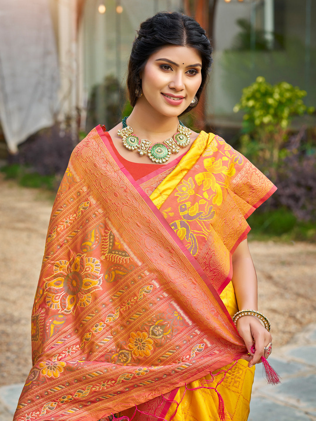 Yellow woven ikkat style banarasi soft silk saree with blouse piece vol-4