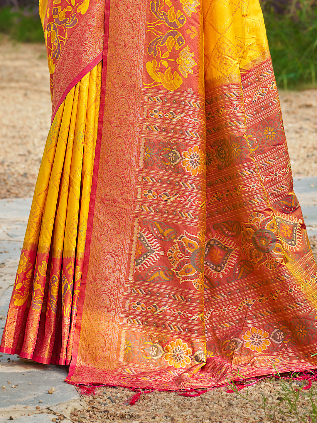 Yellow woven ikkat style banarasi soft silk saree with blouse piece vol-4