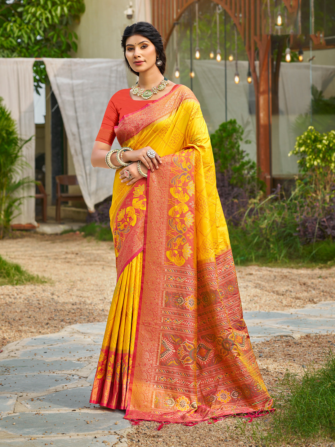 Yellow woven ikkat style banarasi soft silk saree with blouse piece vol-4