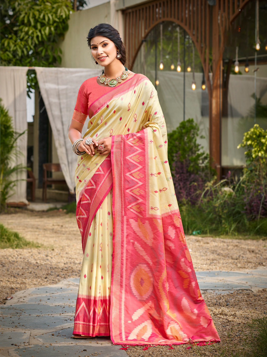 Cream woven ikkat style banarasi soft silk saree with blouse piece vol-5