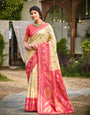 Cream woven ikkat style banarasi soft silk saree with blouse piece vol-5