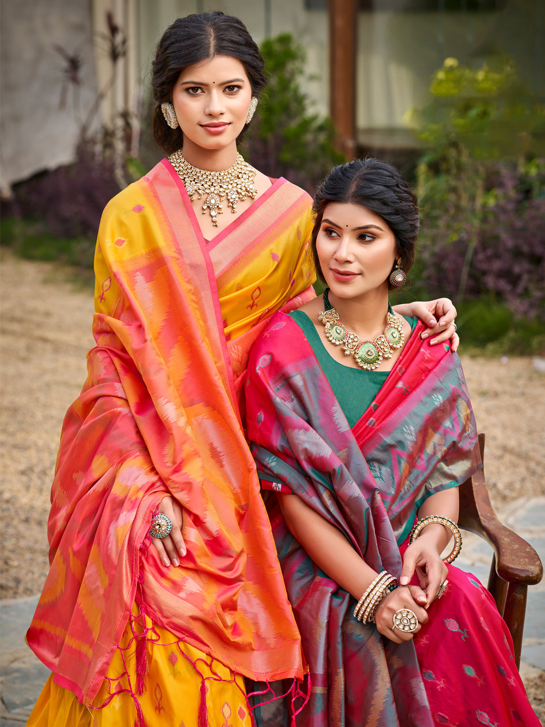 Red woven ikkat style banarasi soft silk saree with blouse piece vol-5