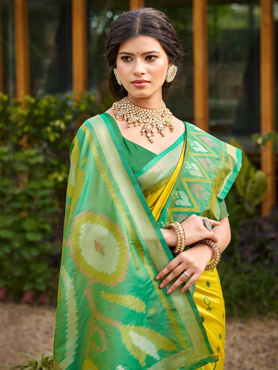 Mustard woven ikkat style banarasi soft silk saree with blouse piece vol-5