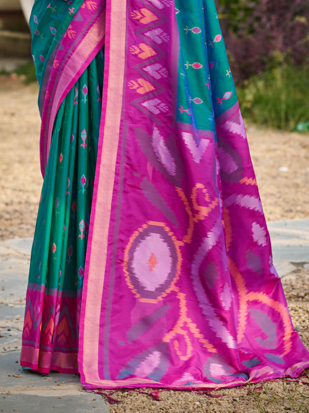 Seagreen woven ikkat style banarasi soft silk saree with blouse piece vol-5