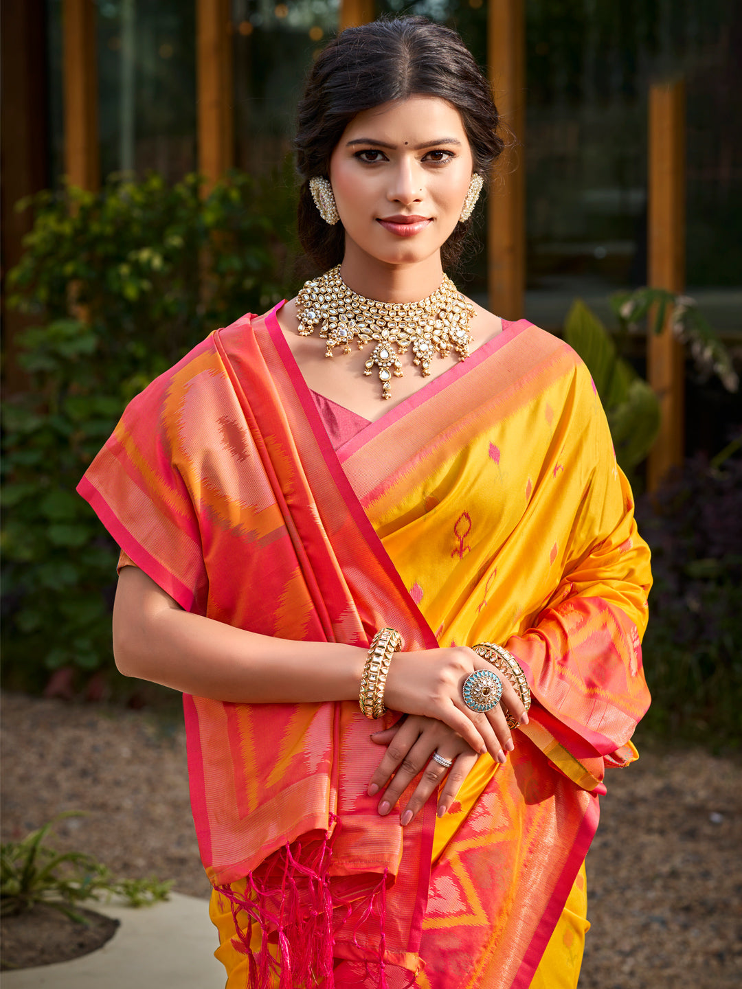 Mustard woven ikkat style banarasi soft silk saree with blouse piece vol-5