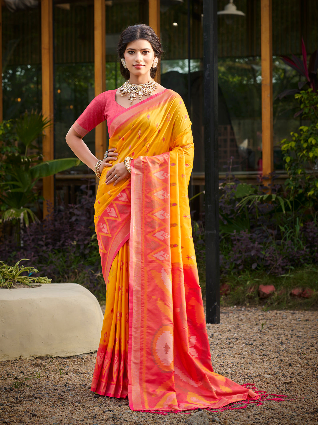 Mustard woven ikkat style banarasi soft silk saree with blouse piece vol-5