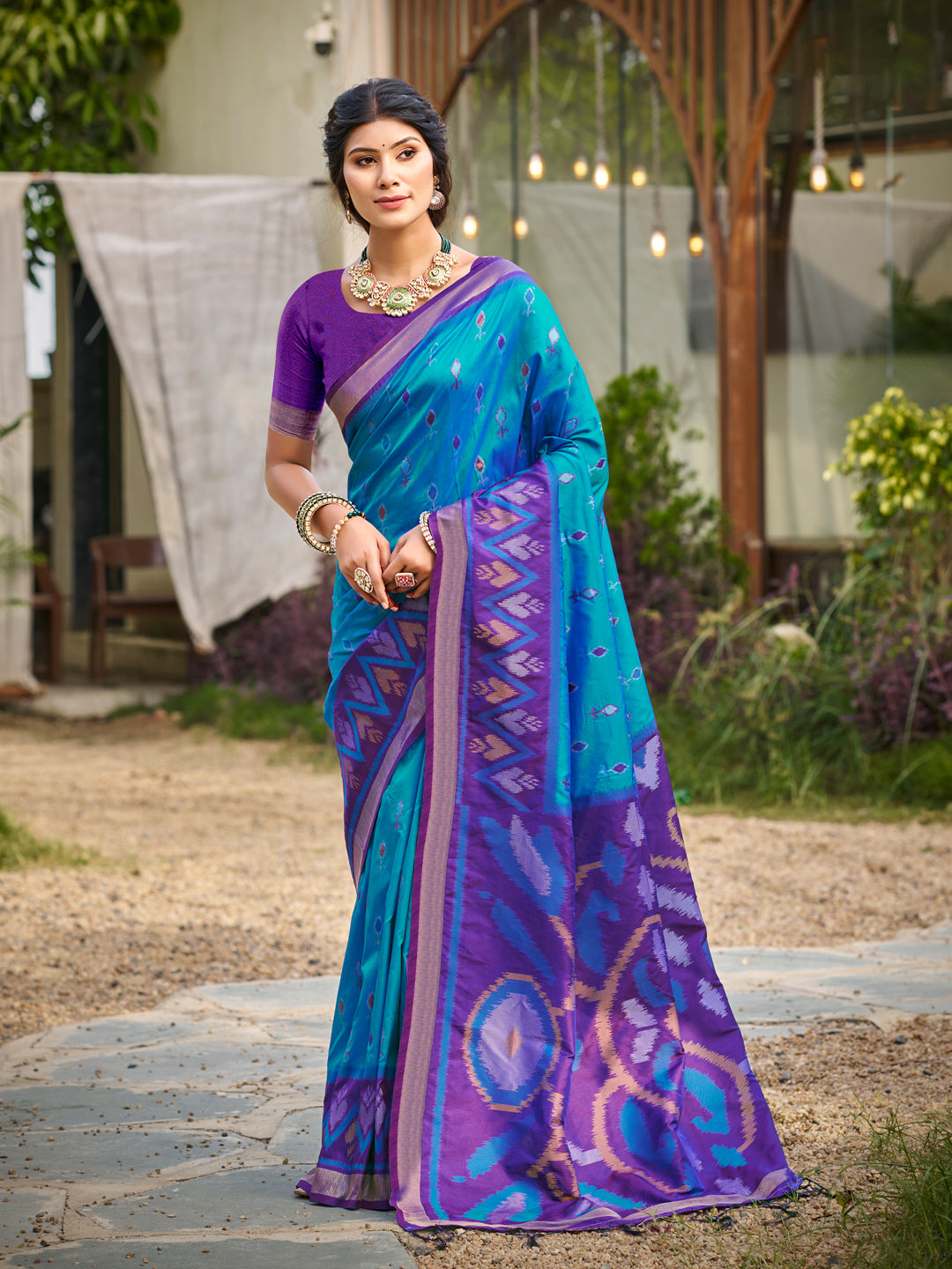 Blue woven ikkat style banarasi soft silk saree with blouse piece vol-5 (Copy)