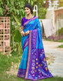 Blue woven ikkat style banarasi soft silk saree with blouse piece